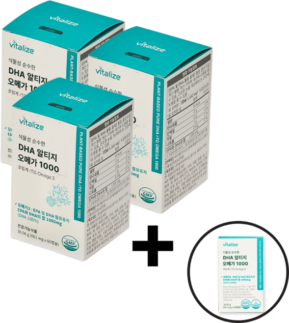 바이탈라이즈 식물성 알티지 비건 오메가3 DHA1000 순도85%, 4개, 60정