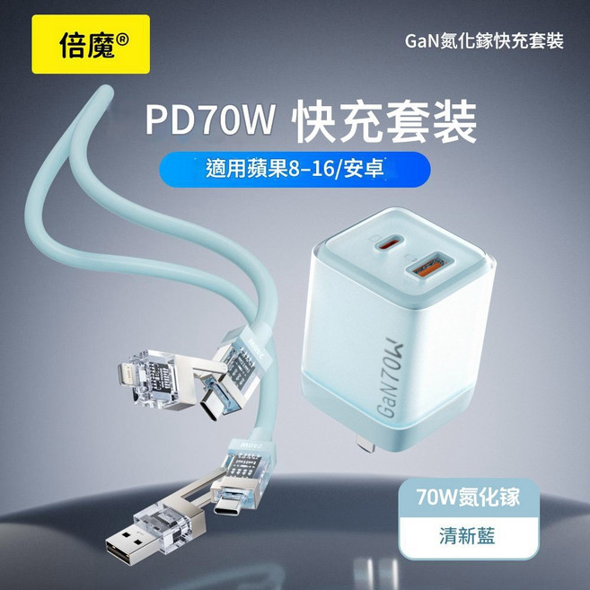倍魔 PD70W氮化鎵快充套裝, 清新藍, 1個