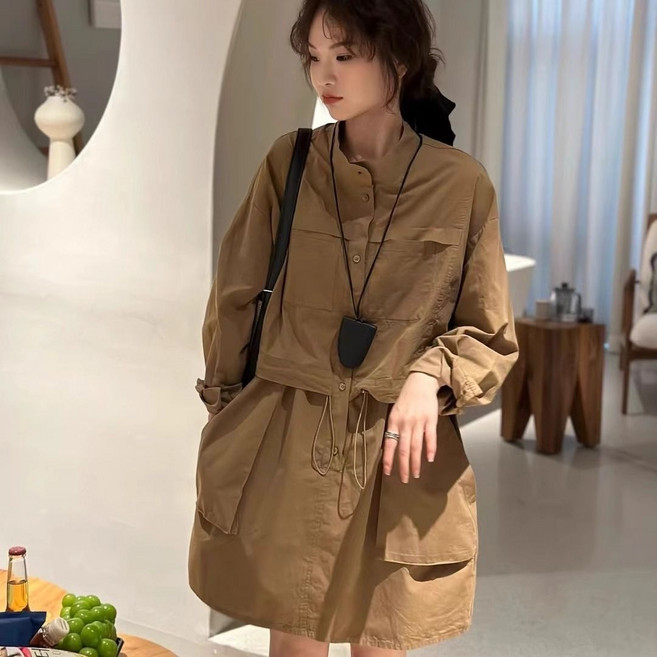 여성 봄가을 루즈핏 포켓 레이어드 아노락 원피스 데일리 캐주얼 긴팔 원피스