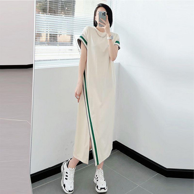 大碼連衣裙女短袖設計過膝寬鬆顯瘦開叉T恤裙子, 杏色送鏈子【有口袋】,3XL 100.0-125.0公斤, 杏色