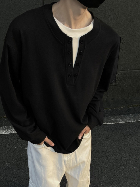 【重磅Cleanfit】亨利領打底衫 男款T恤 衛衣 長袖T恤 內搭上衣 假兩件設計 秋冬內搭 美式復古 休閒百搭