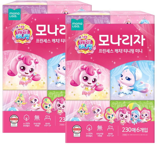 모나리자 캐치 티니핑 미니 천연펄프 미용티슈 2겹, 230개입, 12개