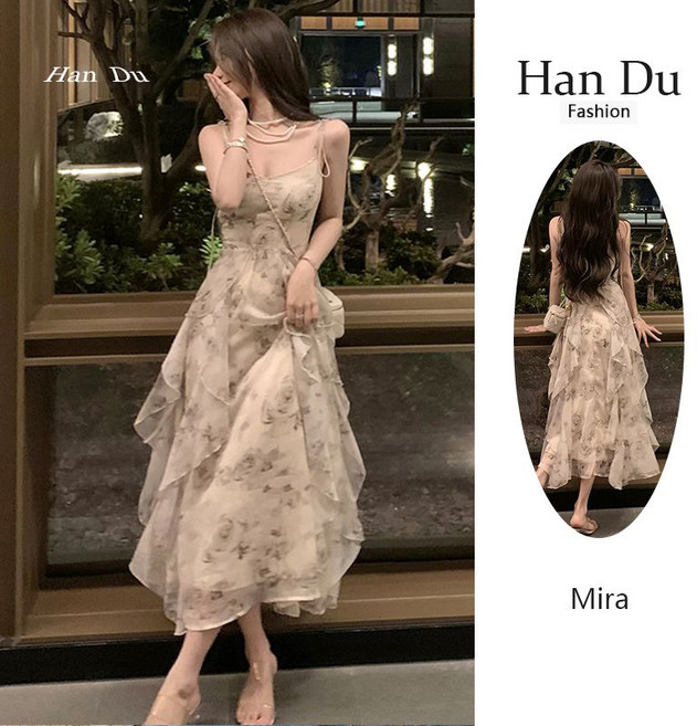 프렌치 여성 여름 민소매 원피스 슬림핏 끈나시 쉬폰 롱 원피스 데일리 날씬해 보이는 패션 치마 ZZQ