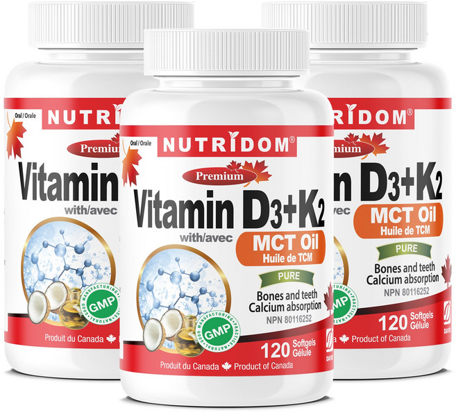 뉴트리돔 비타민 D3+K2 MCT오일함유 최적배합 Vitamin D3 & K2 1000IU 120소프트젤 캐나다 직구, 3개, 120정