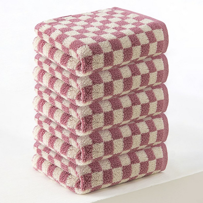 록신 데일리 체크 세면타월 40수 코마사 호텔수건 타월 부드러운 수건, 5개, 로즈 핑크