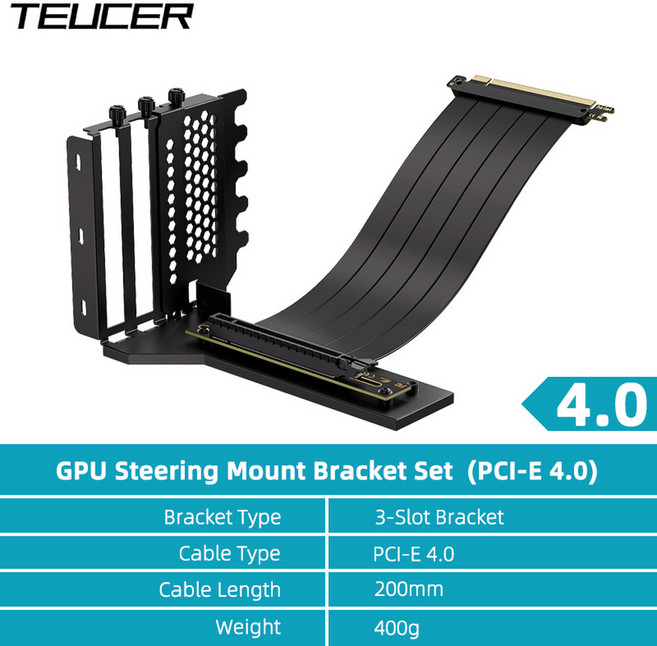 TEUCER GPU 장착 브래킷 그래픽 카드홀더 키트 PCIE4 0 X16 라이저 케이블 90 도 직각 확장 비디오 카드 홀더, 4) BK-PCI-E4-BK-20CM, 1개