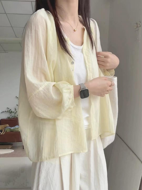 輕薄雪紡防曬襯衫，舒適寬鬆夏季外穿開衫上衣, C123淡黃色天絲雙組扣襯衫, XXXL建議170-190斤