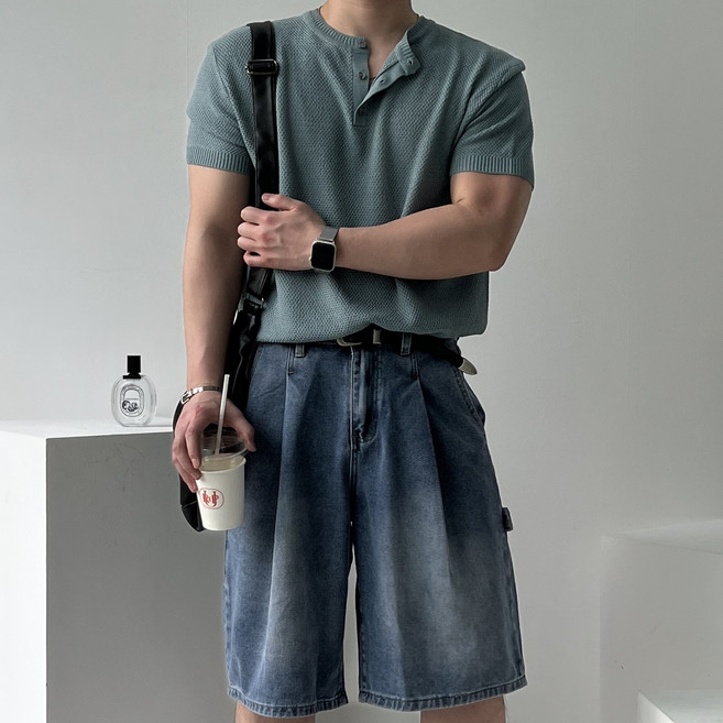 밸류젯 쿨 린넨 펀칭 헨리넥 얇은 남자 반팔 니트