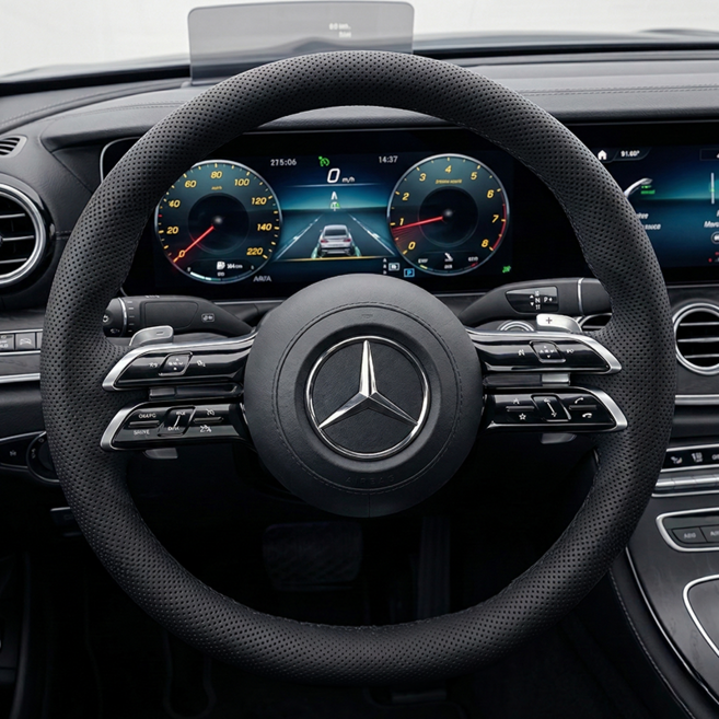 라이프엔라이크 자동차 원형 핸들커버 차량 핸들커버 가죽 타공 핸들커버 논슬립 차량용, 블랙