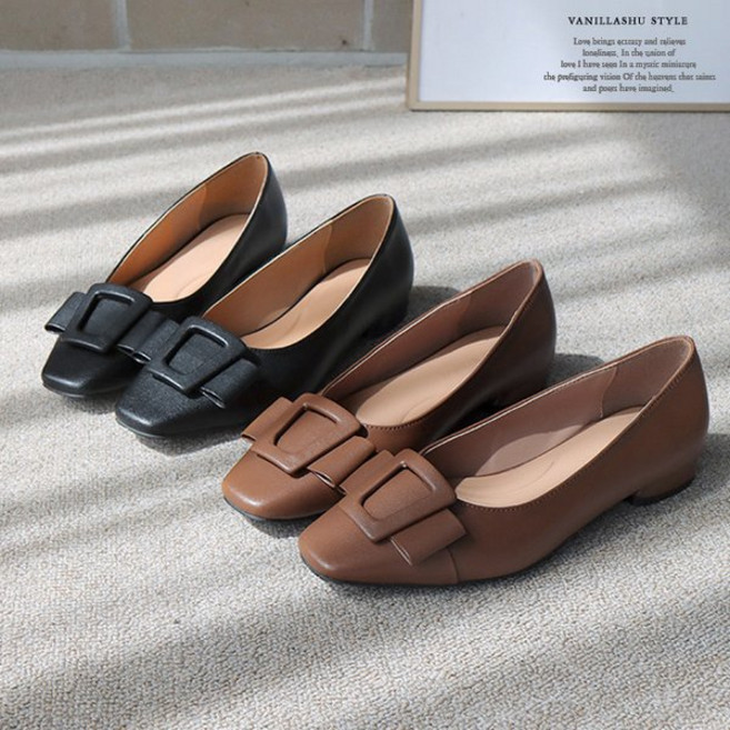 바닐라슈 페라모 소가죽 각코리본 로우청키굽 플랫슈즈 2cm