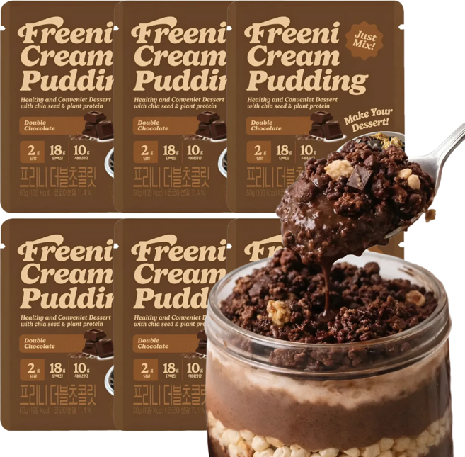 프리니 저당 단백질 리얼초코크림푸딩 치아씨드푸딩 식사대용 다이어트 떠먹는 케이크, 6개, 60g
