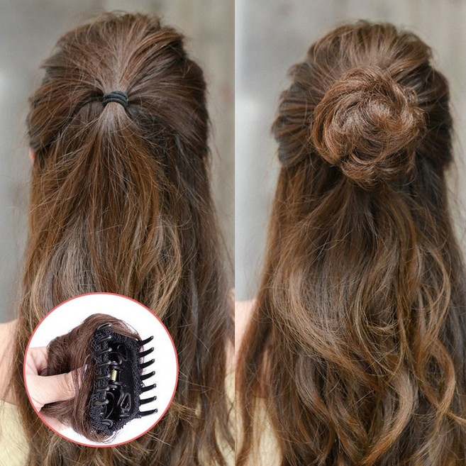 미즈코스 똥머리 볼륨 가발 집게핀 여자 볼륨 당고머리 만두머리 올림머리 부분가발, 2.곱슬머리-라이트브라운, 1개