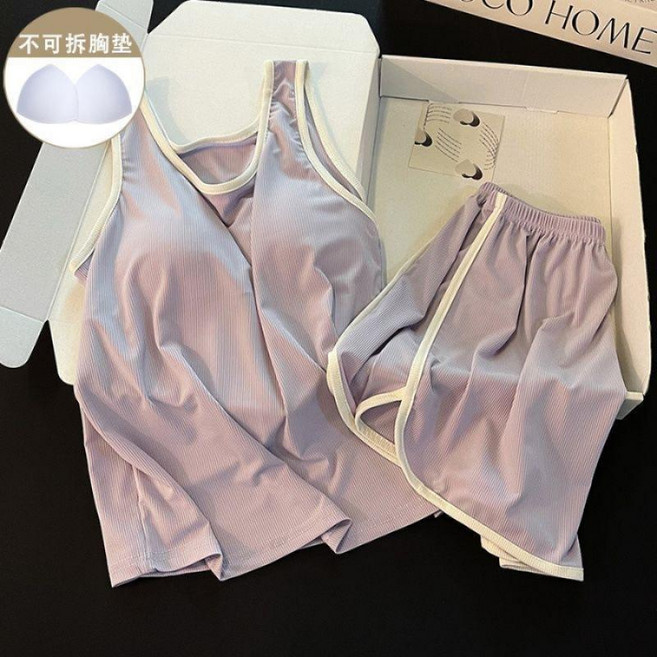 女士帶胸墊睡衣套裝 冰絲螺紋彈力吊帶背心短褲家居服