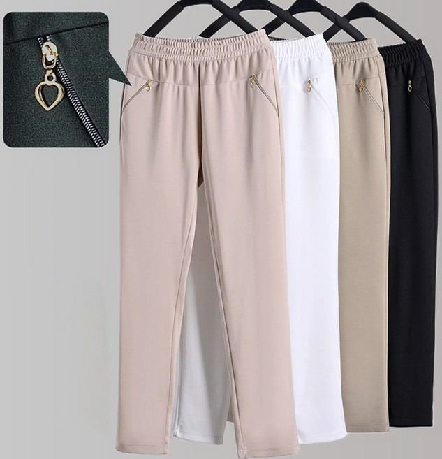 엄마 바지 여름 얇은 밴딩 하이웨스트 통바지 루즈핏 빅사이즈 중년 여성 와이드 팬츠 슬랙스