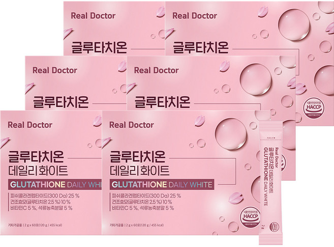 리얼닥터 글루타치온 데일리 화이트 60회분 어린저분자콜라겐 300달톤 고함량글루타치온 피부미백 간보호 히알루론산 엘라스틴, 6박스