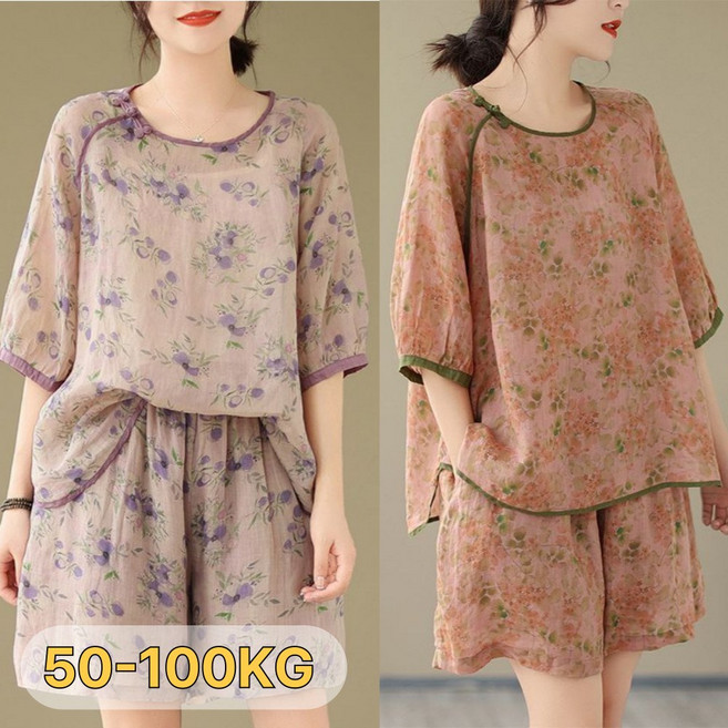 중년여성의류 잔꽃 린넨 반팔티 반바지 잠옷 상하세트 여름 오버핏 플라워 면마 할머니옷 빅사이즈 50대60대70대