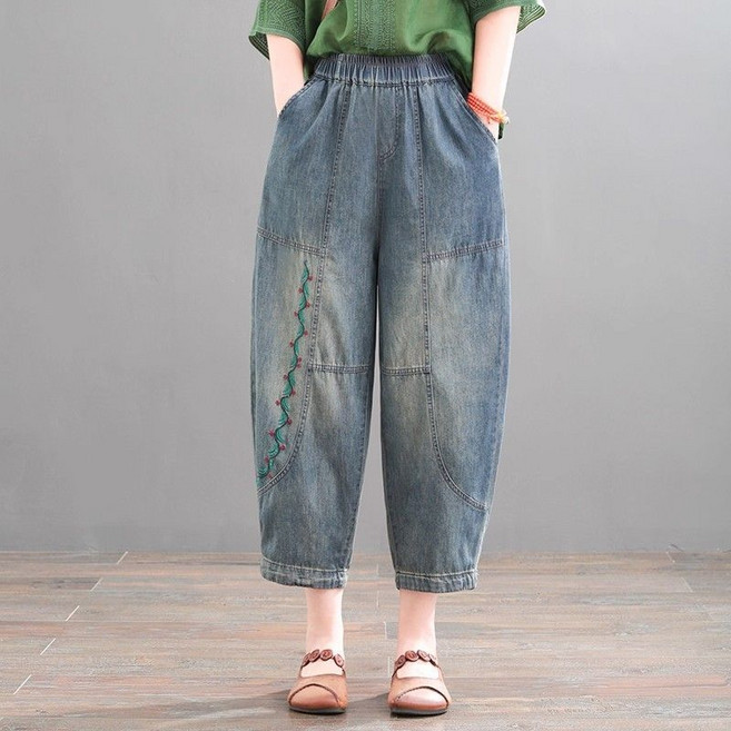 여성용 봄여름 빅사이즈 와이드 데님 팬츠 캐주얼 9부 밴딩 자수 배기 청바지