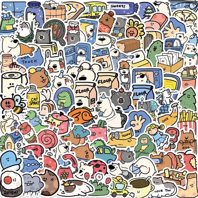 [StudioX] 100P 카와이 곰 & 친구들 프리미엄 방수 스티커 Premium Kawaii Bear and Friends Stickers, 1개