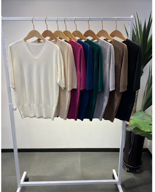 가을신상 여성 부드러운 캐시미어 5부 베이직 반팔 니트