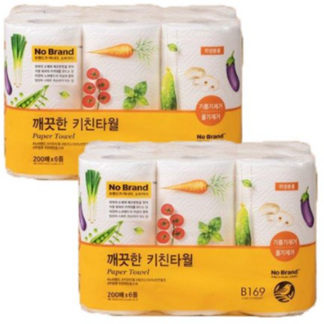 노브랜드 깨끗한 키친타월 200매 x 6롤, 12개
