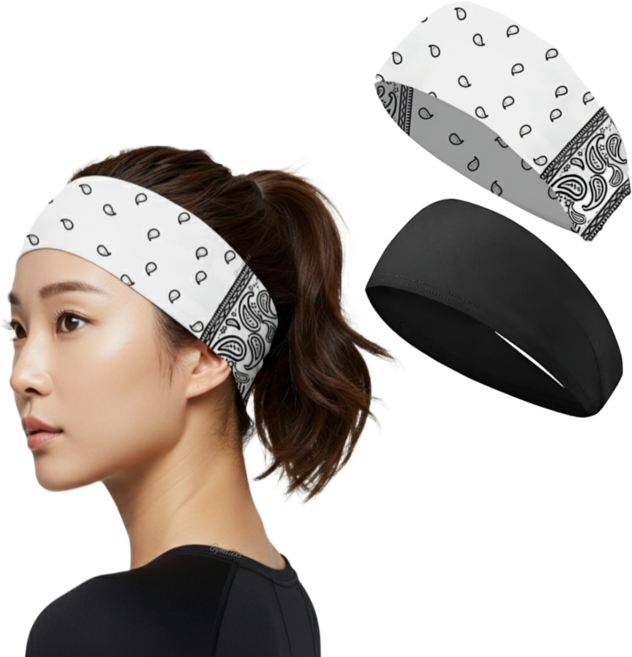 짐스터즈 스포츠 쿨 기능성 와이드 헤어밴드, 1세트, 화이트페이즐리+블랙