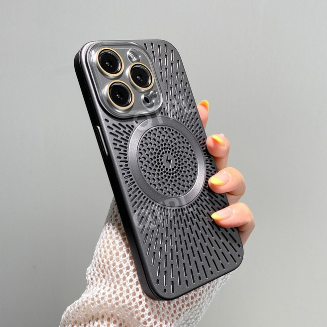 iPhone 15 Pro Max 고급 방열 케이스 크리스탈 렌즈 보호 마그네틱 통풍 디자인