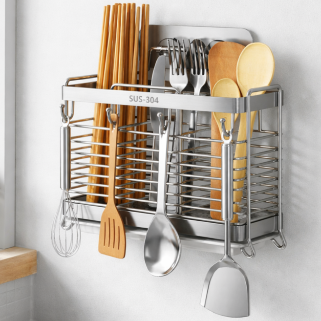 픽센트 스텐304 물빠짐 수저통 무타공 벽걸이 대용량 트레이 후크포함, 1개, 실버