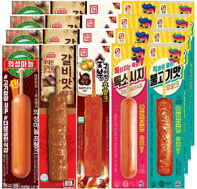 [다만세푸드]의성마늘프랑크4+갈비맛 후랑크 4+숯불구이맛후랑크4+톡소시지4+불고기맛후랑크4 70g 20개/편의점 핫바 소세지, 1개
