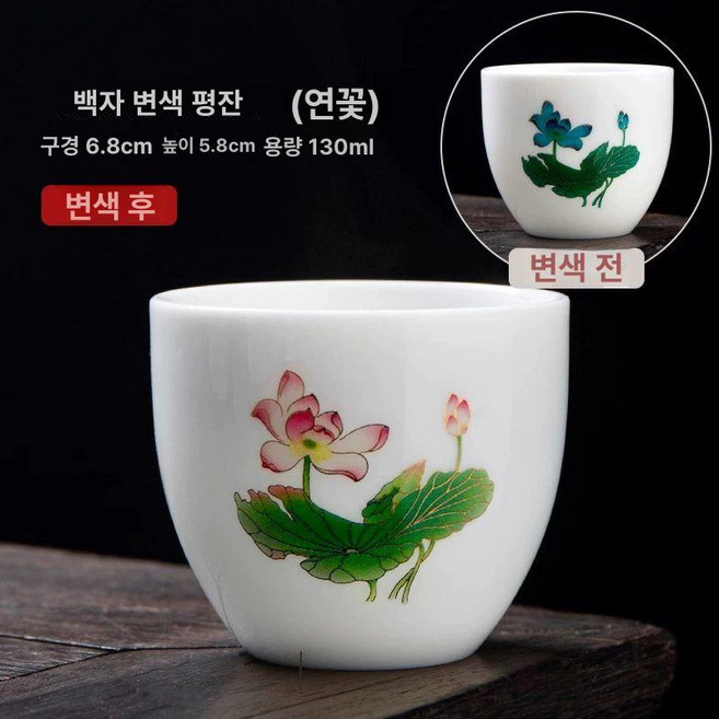 온도에 꽃피는 찻잔 2세트 색깔변하는 변색 술잔 세트 벚꽃 옥 유리컵 선물용, 평컵-연꽃 130ml, 1개