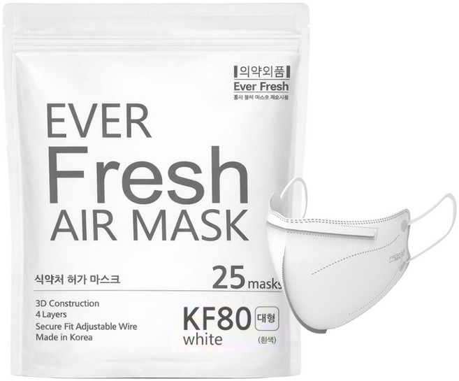 KF80 대형 에버프레쉬 에어 새부리형 마스크 지퍼백, 화이트, 1개, 25매입