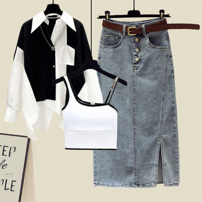 해피유통 여성 쓰리피스세트 긴팔 셔츠+ 나시 + 하이웨스크 데님 스커트 jhwj