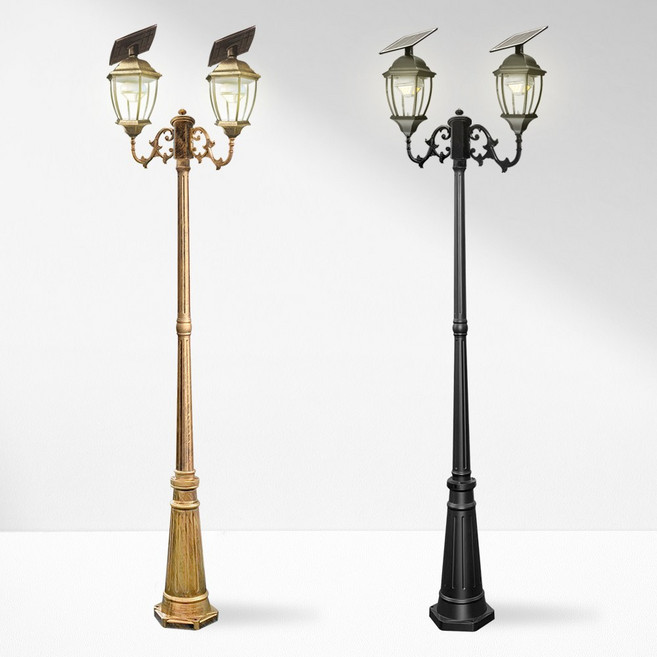 나눔조명 태양광 가로등 엔틱 태양열 조명 LED 정원등 야외조명, 2구 곡면 육각등, 1.8m, 황동색(노란빛)