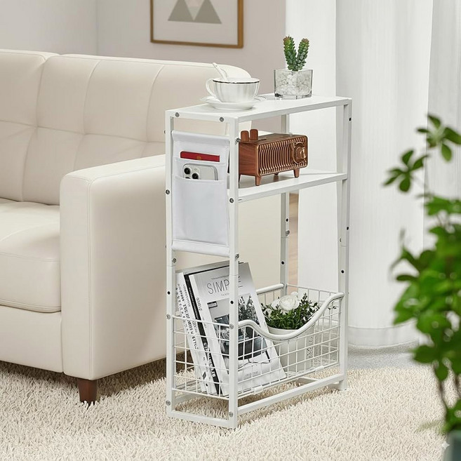 ZEXVIDA 좁은 사이드 테이블 잡지 홀더가 있는 스키니 스몰 엔드 작은 공간을 위한 3티어 소파 거실 침실 사무실을 테이블 침대, 화이트