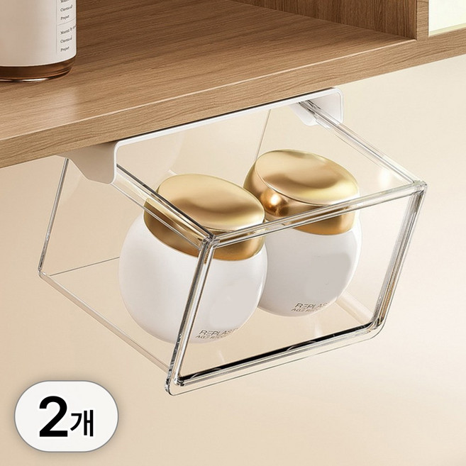 투데이리빙 2개 세트 무타공 슬라이딩 히든 수납 서랍 책상 데스크 하단 부착식 미니 서랍장 다용도 틈새 사이드 수납함 슬라이드 정리함, 투명, 1단