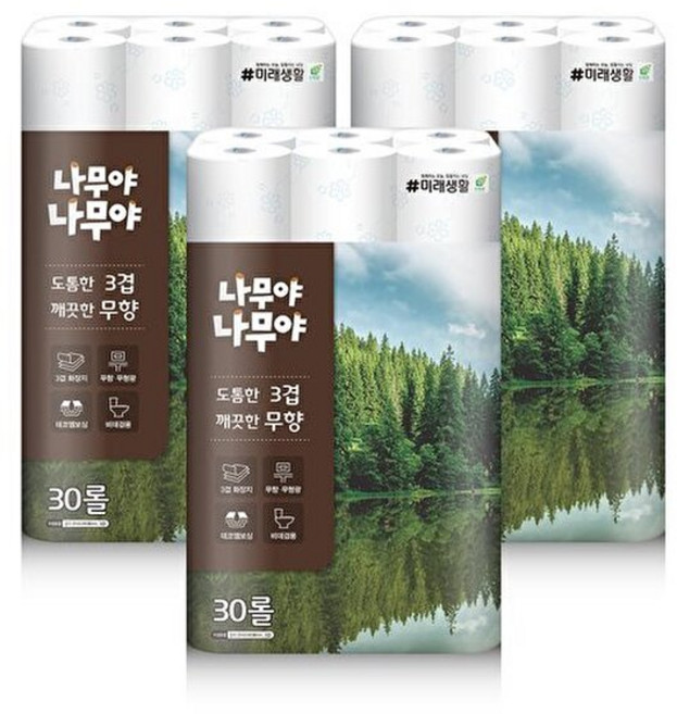 나무야나무야 잘풀리는집 디럭스 화장지 27M 3팩(90롤), 30롤, 3개