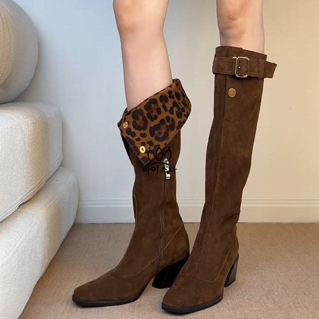 여성 롱부츠 버클 통굽 웨스턴 부츠 통굽 캐주얼 집업 스웨이드 부츠 5cm