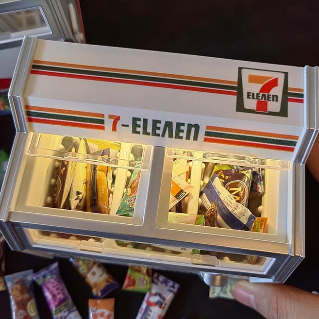 세븐 일레븐 미니어쳐 작은 소품 아이스크림 모형 냉동고 냉장고 조명, 냉장고+랜덤 30개 식품+얼음, 1개