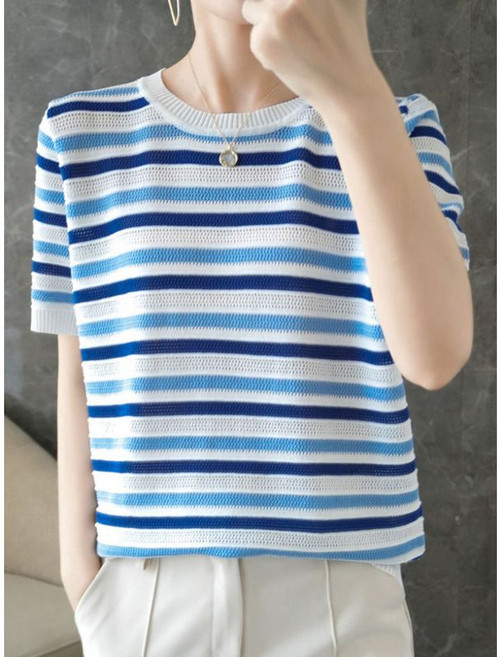 에이시크 비비드 스트라이프 니트 티 C25BTS456