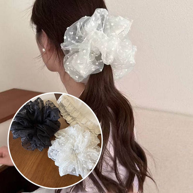 ZMBIRD 망사 도트 빅사이즈 곱창밴드 머리끈 2종세트 H3742