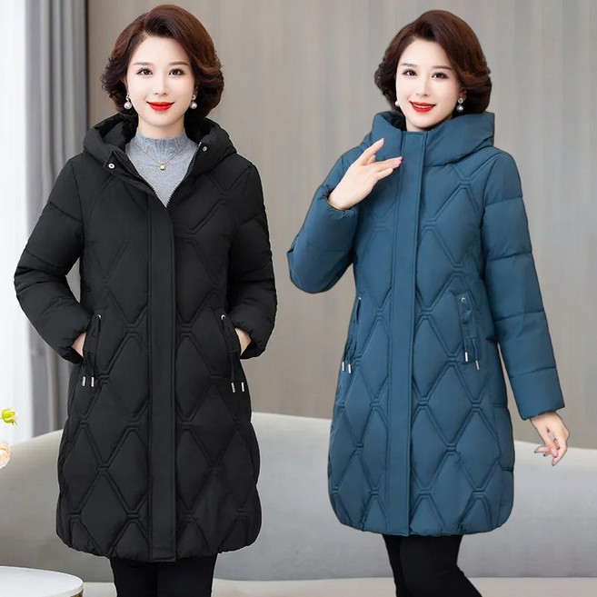 중년여성의류 50대 도톰 퀼팅 후드패딩 할머니 방한복 겨울 하프 롱패딩 점퍼 코트