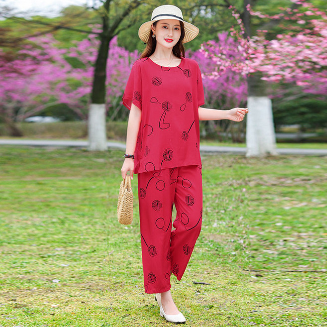 중년 여성 잠옷 세트 여름 할머니 인견 홈웨어 반팔티 + 바지 세트 빅사이즈 여자 실내복 상하복 CJJ