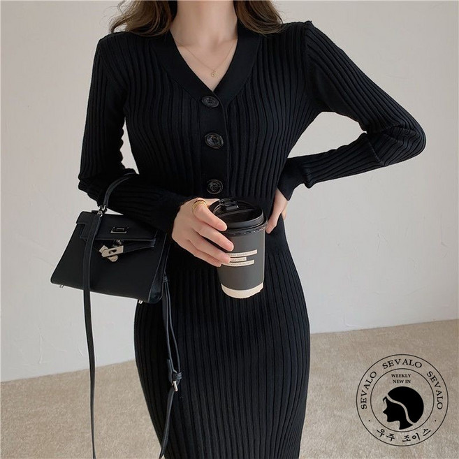 Sevalo 롱 슬림핏 스웨터 스커트 슬리밍 허리 니트원피스