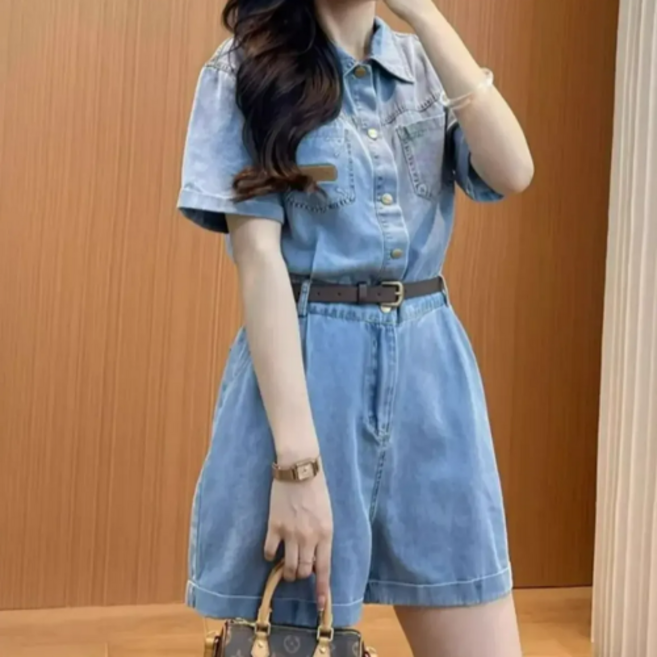 루스리더 여성 캐주얼 데님 점프 수트 반바지 V512