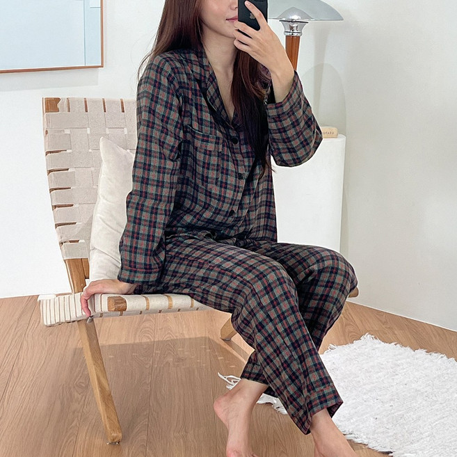 엘라운지 체크 공용 면기모 방구석 파자마 상하세트