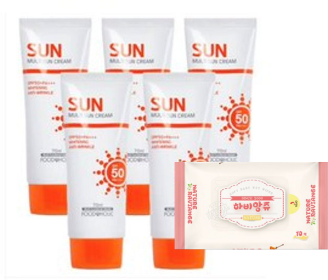 푸드어홀릭 멀티 선크림 70ml SPF50/PA+++ 5개+사은품 눈시림 없는 온가족 선크림, 5개