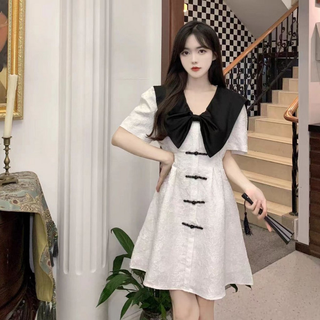 復古盤扣連衣裙 娃娃領泡泡袖 A字裙 撞色提花短裙, 白色,2XL