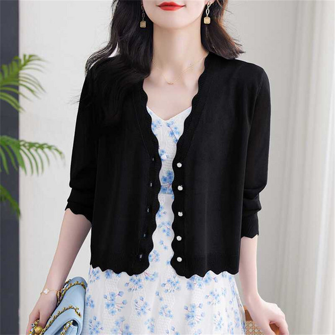 besteffie 여성 여름용 얇은 가디건 버튼업 물결 디자인 브이넥 무지 베이직 긴팔 니트 여성스러운 K92