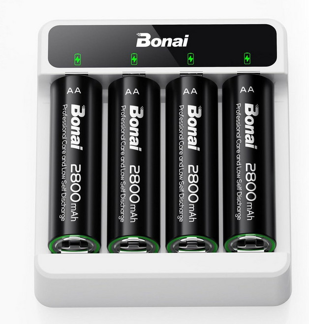 스마트 충전기 키트가 포함된 BONAI 충전식 AA 배터리 4팩 2800mAh 대용량 NiMH 더블 A 4베이 USB 고속 충전기타입C 입력 낮은 자가 방전, 4 Aa Battery +