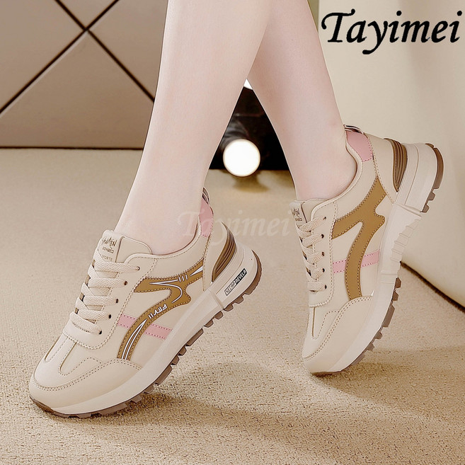 라지 가죽 운동화 여자 일상 러닝화 봄 편안 패션 캐주얼 백합 아버지 단화 여자 편안 운동화