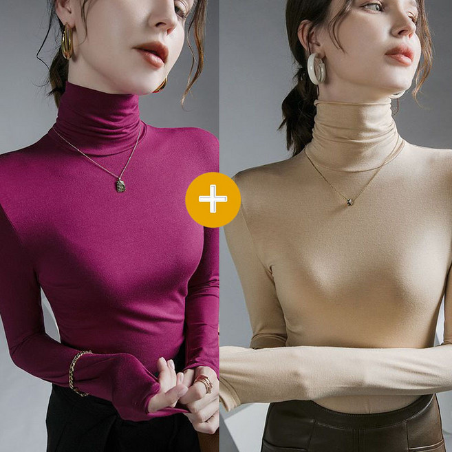 AOKADA여성 가을 겨울 슬림핏 목폴라 스판 이너 긴팔 티셔츠